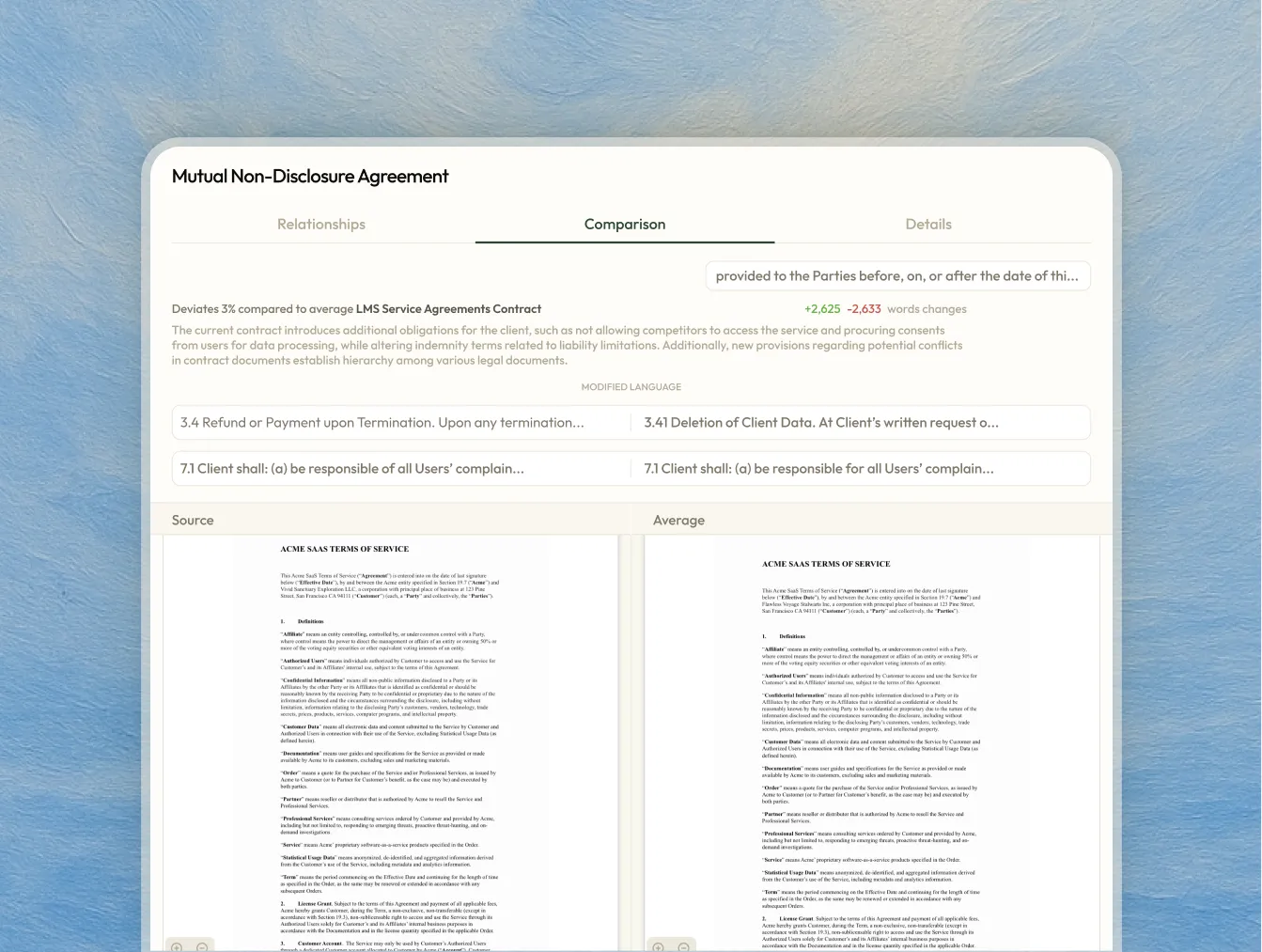 Mutual Non-Disclosure Agreement, Comparison tab dashboard illustration