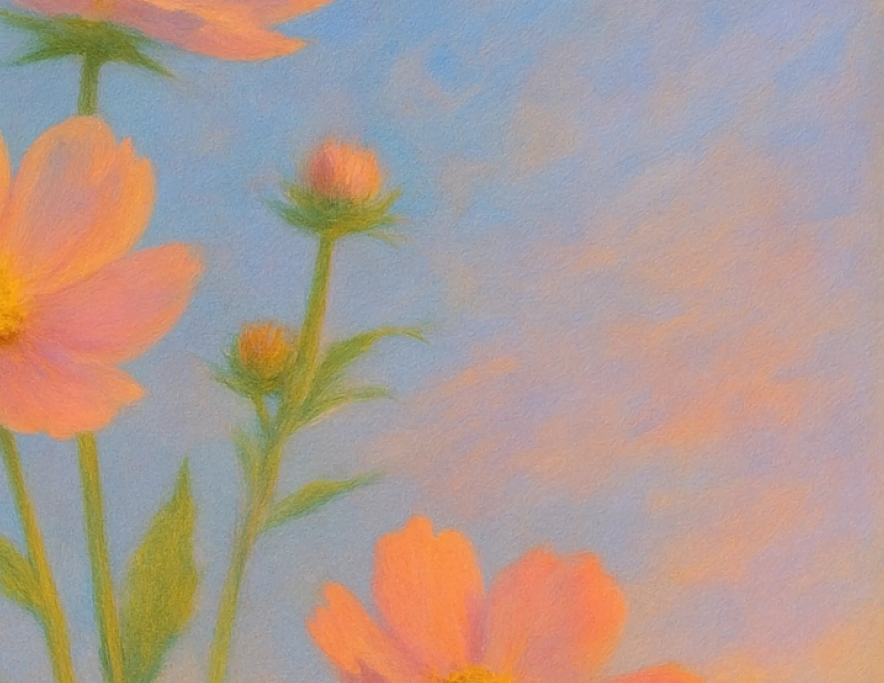 Oil painting with orange and pink florals in front of a pink and blue sky.